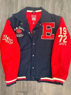 Ecko Unltd Varsity Jacket XL Red Black Wool NYC Letterman